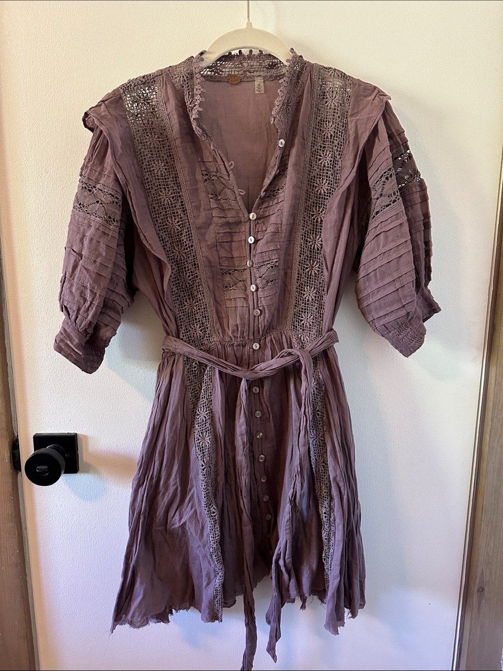Free People Mauve Lace-Panel Button-Front Dress with Tie Waist